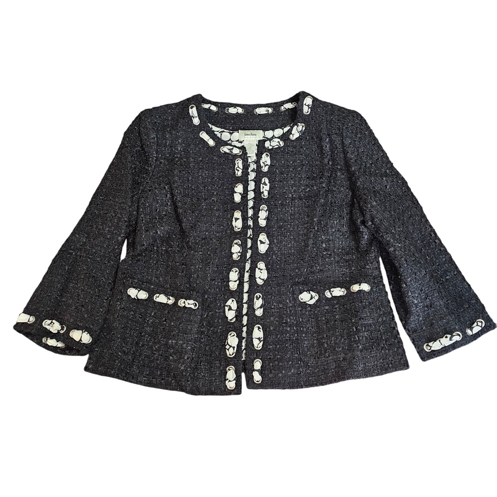 Neiman Marcus Silk Embellished Jacket‎ L Black Boucle Knit 3/4 Sleeves Luxury